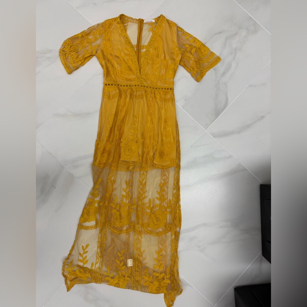 Eleter Lace Mustard Yellow Lace Overlay Dress Short Sleeves Romper Women's S
